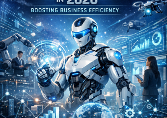 Futuristic robot interacting with digital interfaces, depicting agentic automation in business for 2026.
