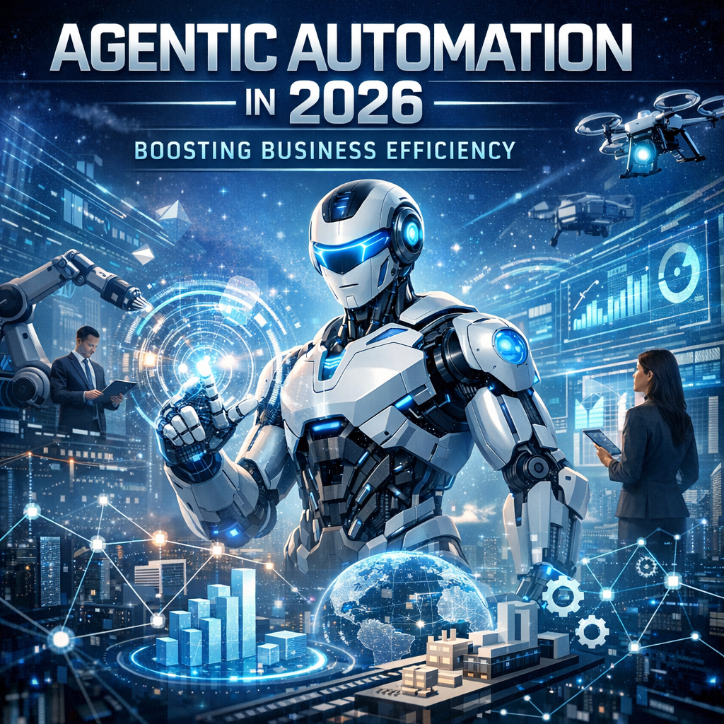 Futuristic robot interacting with digital interfaces, depicting agentic automation in business for 2026.