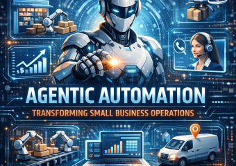 "Robot and AI managing logistics in a small business environment"