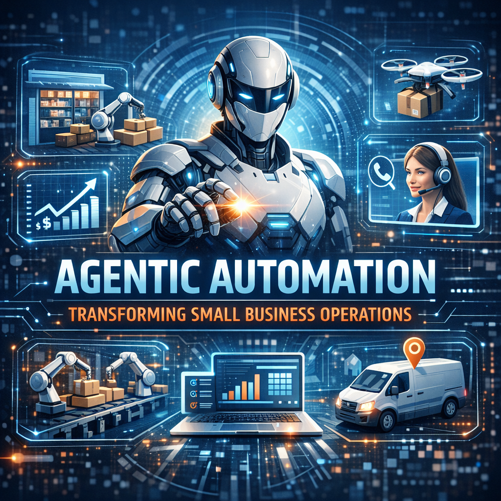 "Robot and AI managing logistics in a small business environment"