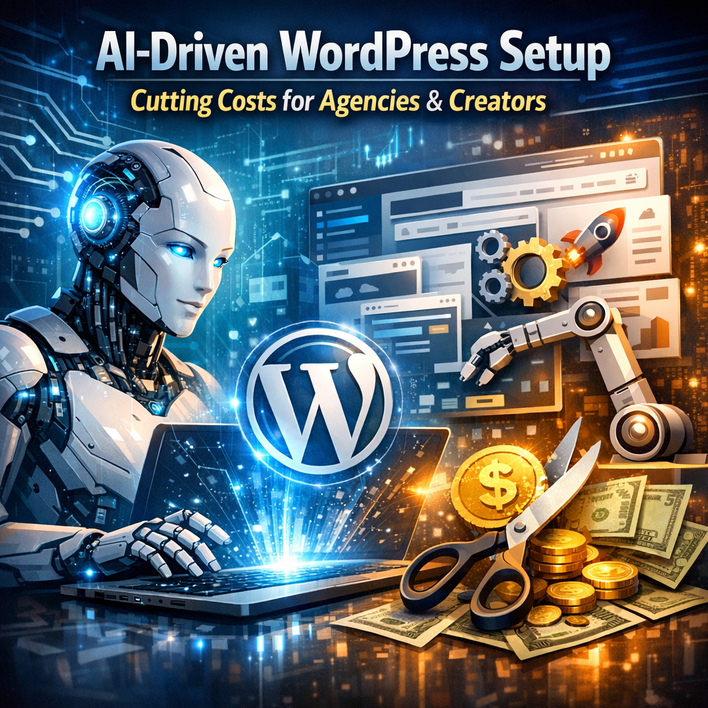 Graphic illustrating AI-driven WordPress setup for cost reduction in agencies and creators.
