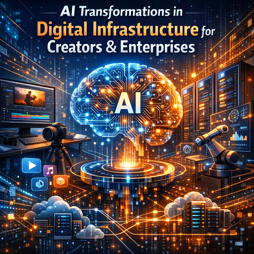 Graphic showing AI integration in digital infrastructure for creators and enterprises.