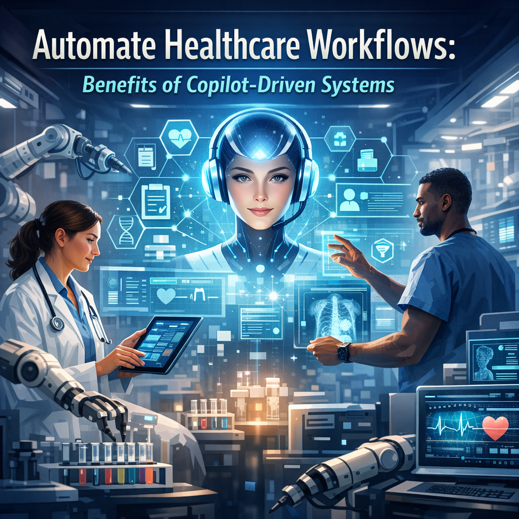 Diagram showing AI-powered copilot systems streamlining healthcare workflows.
