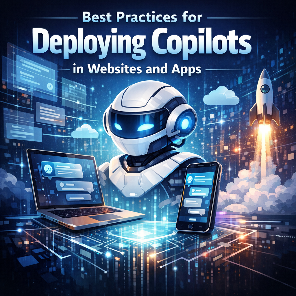 Graphic of a digital interface showing AI copilot integration in an app, with futuristic tech elements.