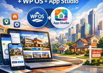 Graphic showing a laptop with an interface for real estate platform creation using WP OS + App Studio.
