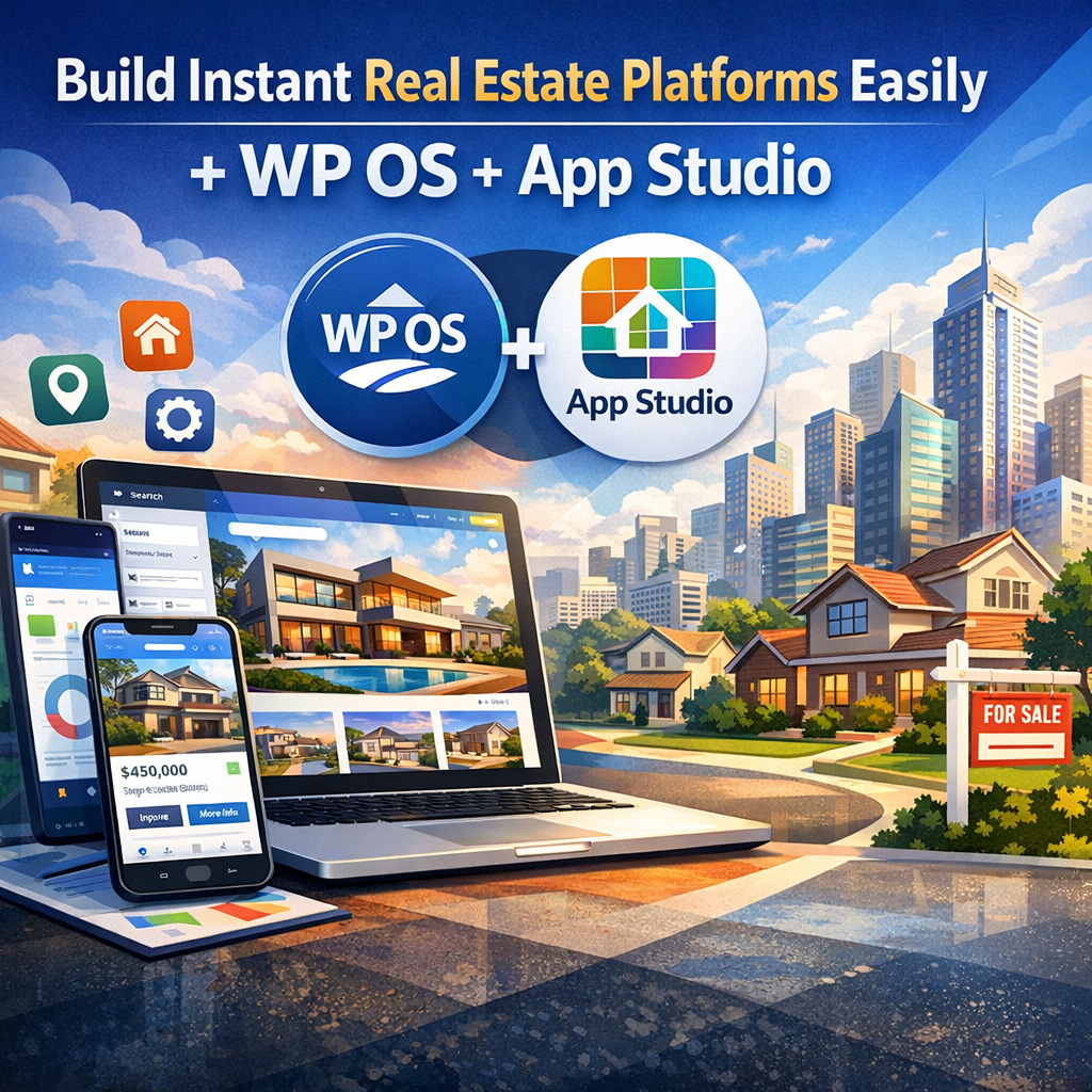 Graphic showing a laptop with an interface for real estate platform creation using WP OS + App Studio.