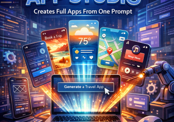 Graphic of App Studio software displaying travel, weather, map, and music apps on a computer screen.