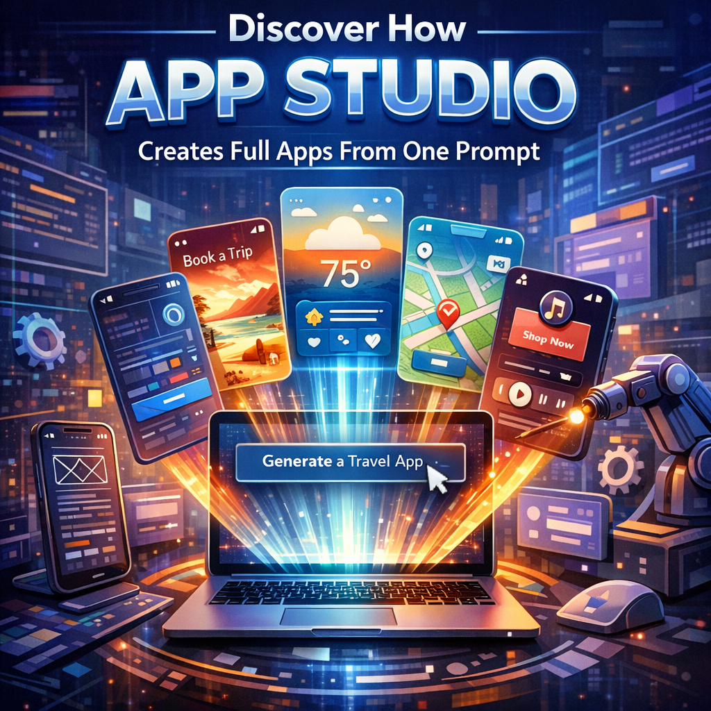 Graphic of App Studio software displaying travel, weather, map, and music apps on a computer screen.