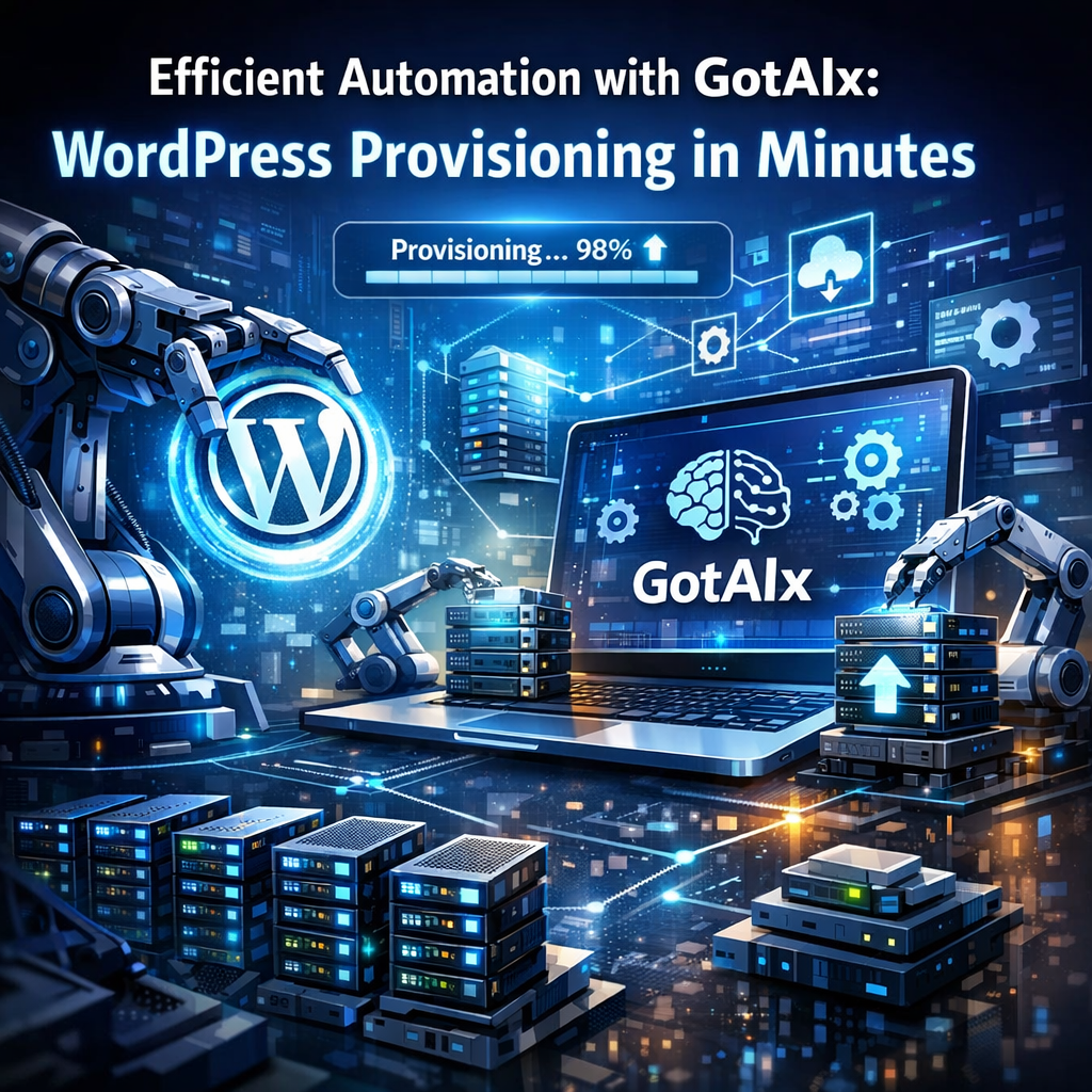 Illustration of a high-tech data center showcasing the GotAIx technology for automated WordPress provisioning.