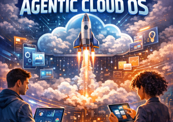 Entrepreneurs using advanced cloud technology on laptops to launch MVPs quickly with Agentic Cloud OS.