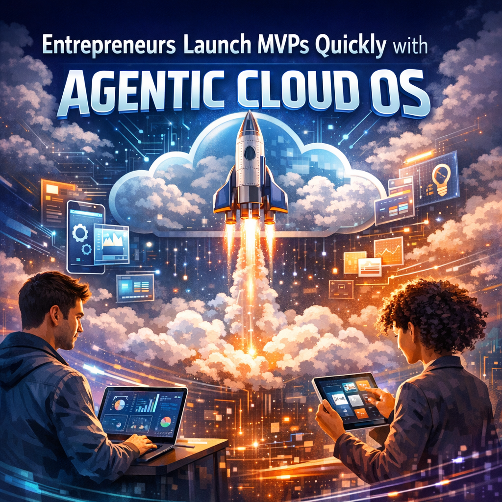 Entrepreneurs using advanced cloud technology on laptops to launch MVPs quickly with Agentic Cloud OS.