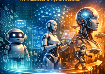 Illustration of futuristic robots representing the evolution from chatbots to advanced agentic AI systems.