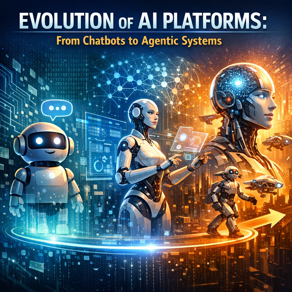 Illustration of futuristic robots representing the evolution from chatbots to advanced agentic AI systems.