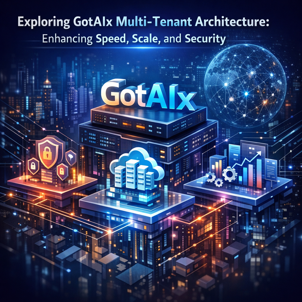 Illustration depicting layers of GotAIx multi-tenant architecture for cloud computing enhancing speed, scale, and security.