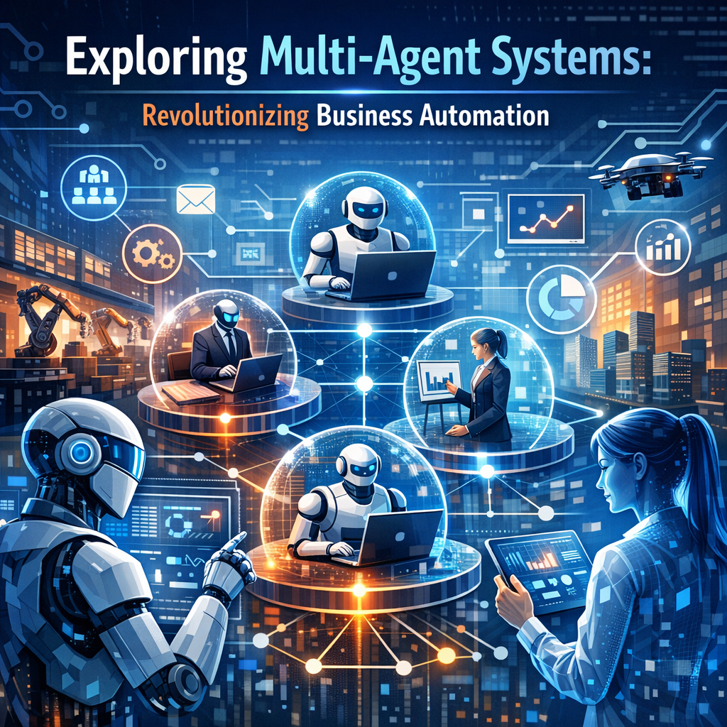 Illustration of AI robots and data analytics in a business setting, symbolizing multi-agent systems automation.