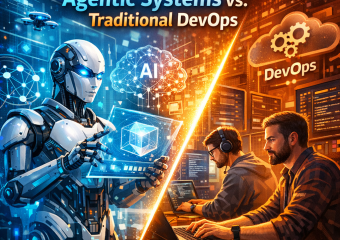 Two side-by-side graphics comparing Agentic Systems and Traditional DevOps in technology development.