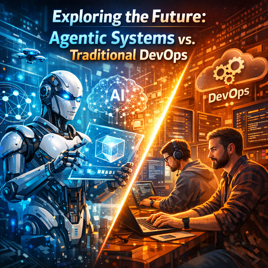 Two side-by-side graphics comparing Agentic Systems and Traditional DevOps in technology development.