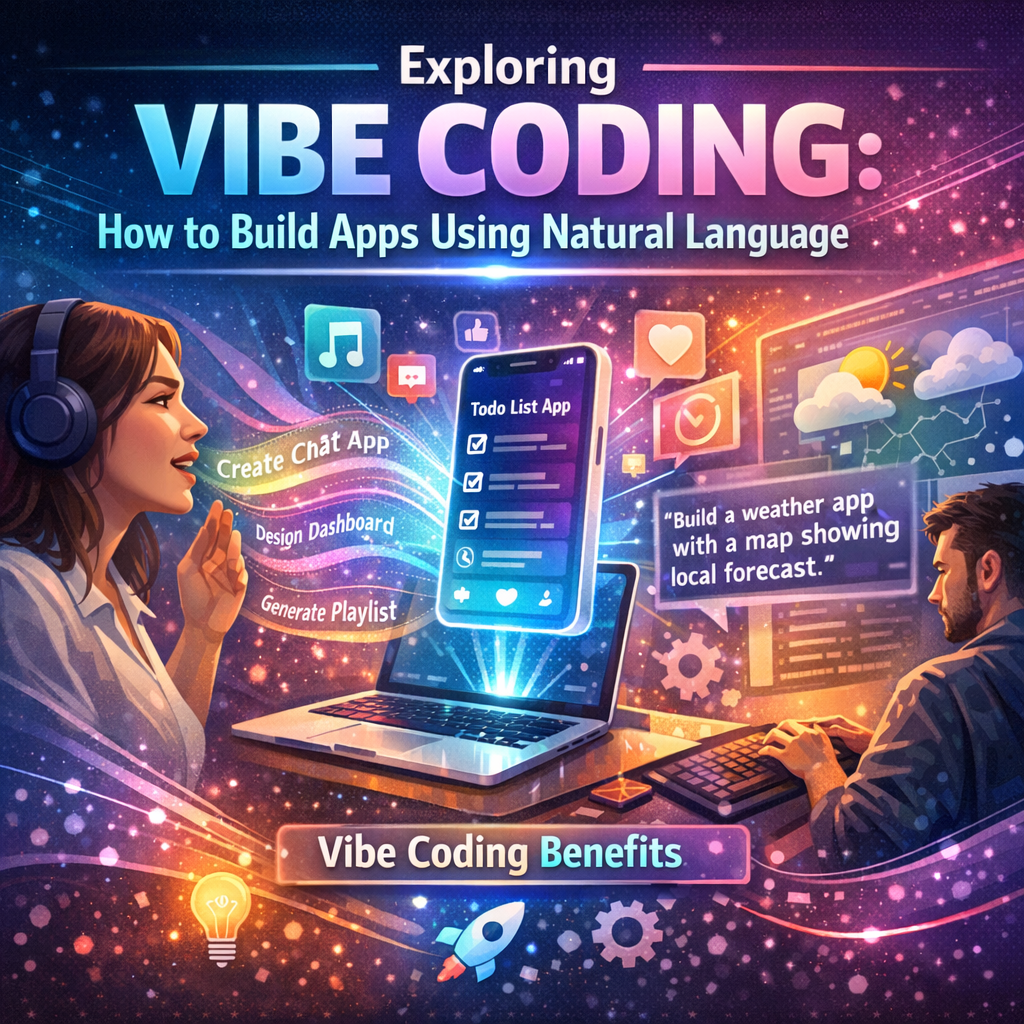 A collage of four screens showing chat, dashboard, playlist, and weather app interfaces using natural language coding.