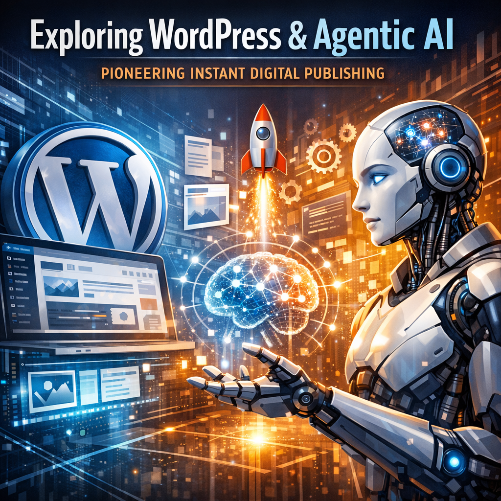 Graphic of a computer screen displaying WordPress dashboard integrated with Agentic AI features.
