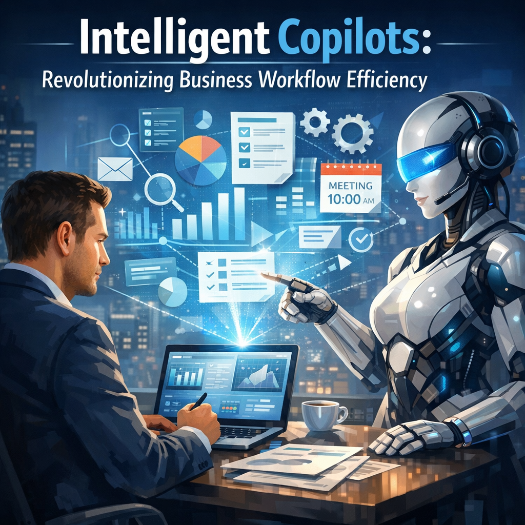 Illustration of an AI copilot analyzing data on multiple screens in a corporate setting.