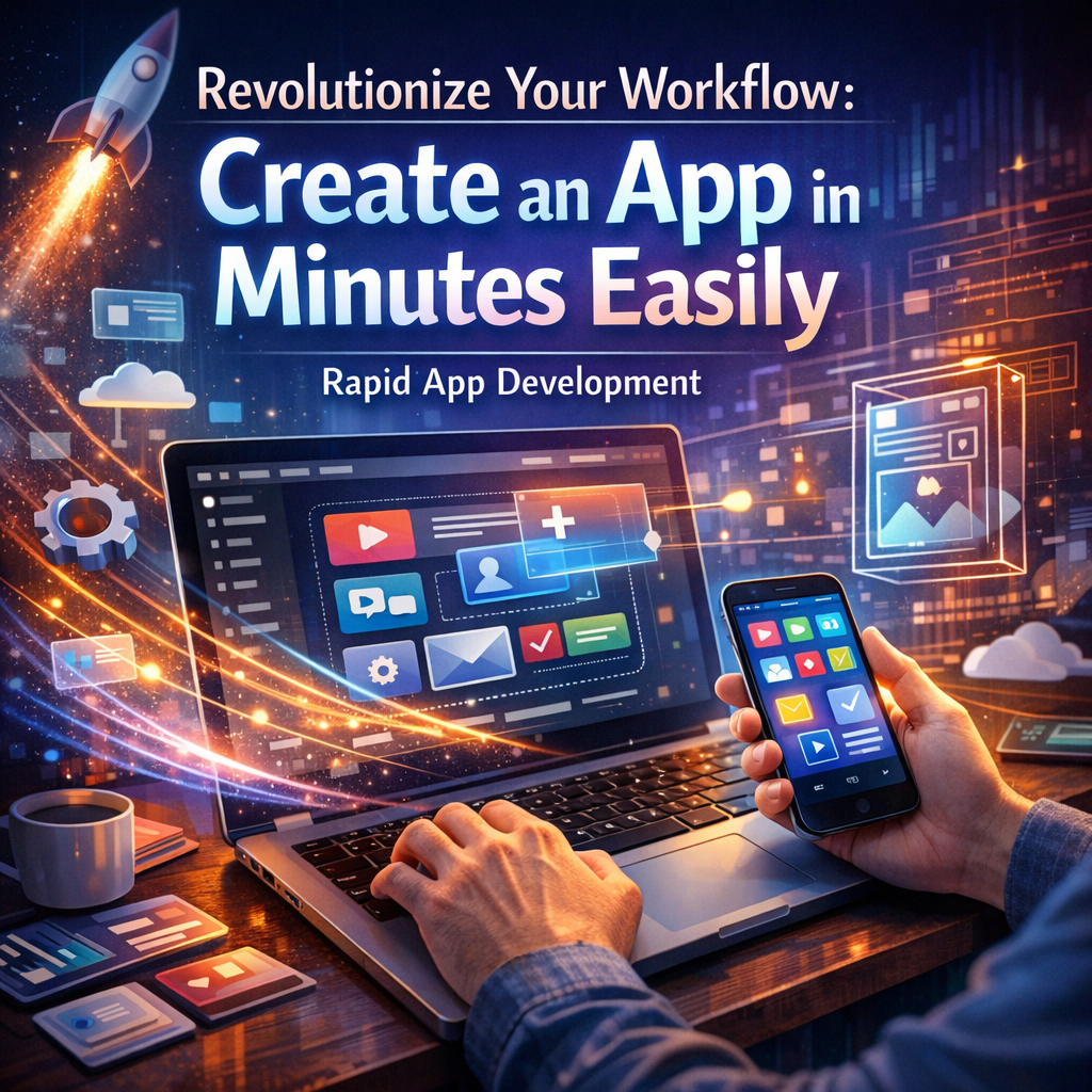 Person using laptop and smartphone to quickly develop a mobile app, symbolizing rapid app development.