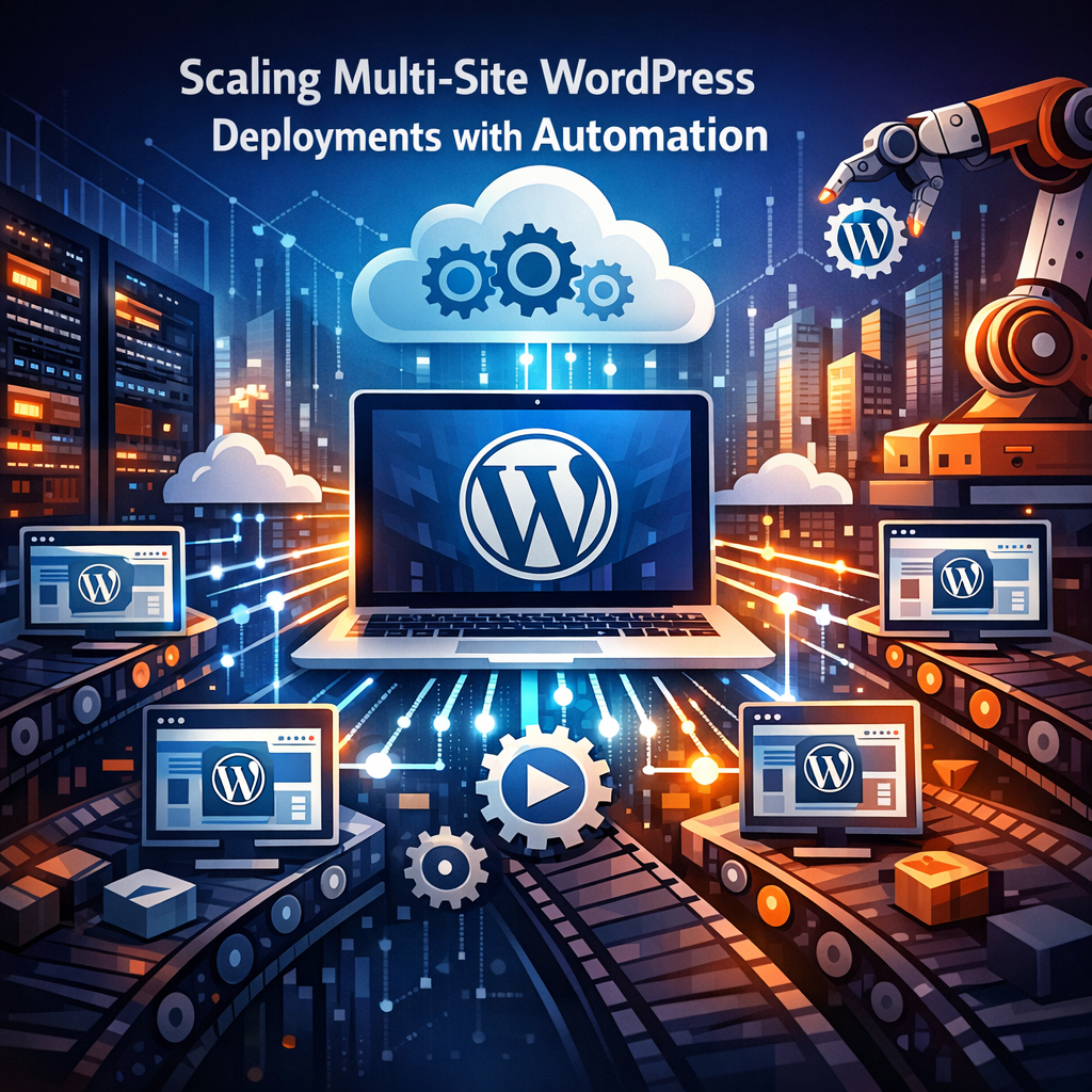 Graphic of cloud tech and a robotic arm managing WordPress sites on multiple screens.