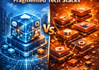 Illustration comparing performance of unified platforms and fragmented tech stacks in a bar graph format.