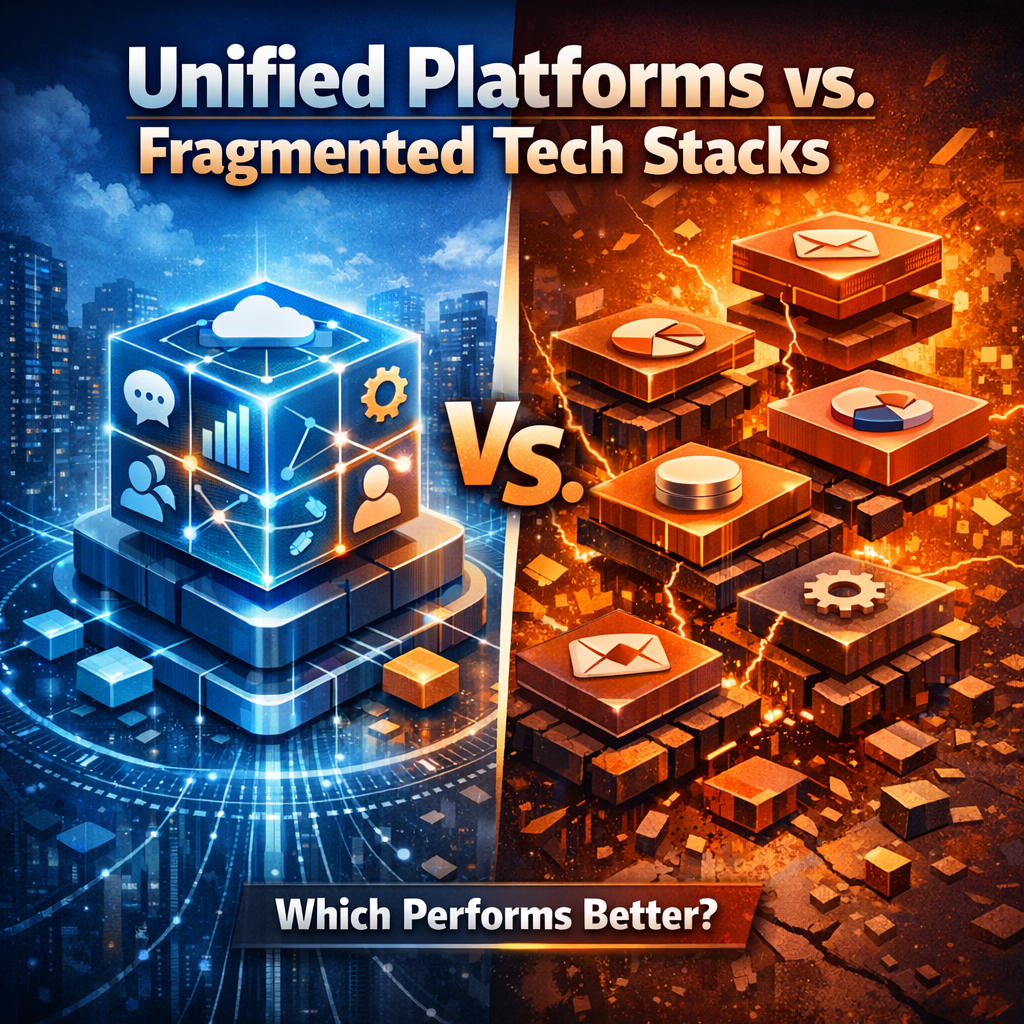 Illustration comparing performance of unified platforms and fragmented tech stacks in a bar graph format.