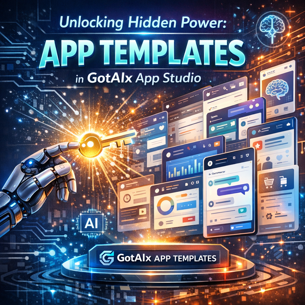 Illustration of a person using a laptop with "GotAIx App Templates" on the screen, surrounded by glowing icons of apps and ge
