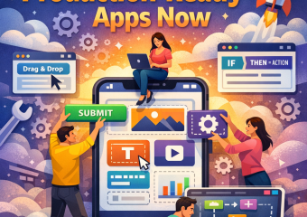 Illustration of non-developers using drag-and-drop tools on a no-code platform to build apps.