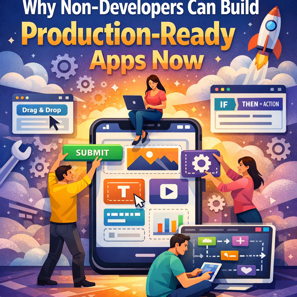 Illustration of non-developers using drag-and-drop tools on a no-code platform to build apps.