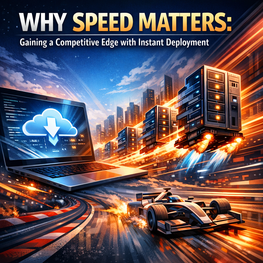 Racing car speeding past cloud servers, symbolizing fast data deployment for competitive advantage.