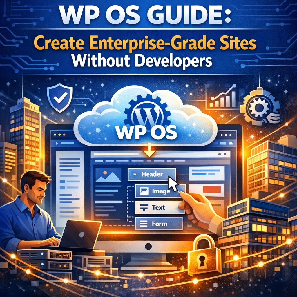 Cover of WP OS guide showing a laptop with a website preview and text about building enterprise sites.